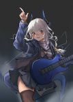  1girl aegisfate arknights arm_up bangs black_background black_legwear black_skirt blue_jacket blue_tail blunt_bangs blush demon_horns demon_tail eyebrows_visible_through_hair guitar highres holding holding_instrument horns instrument jacket liskarm_(arknights) long_hair long_sleeves looking_at_viewer neckerchief open_clothes open_jacket open_mouth pleated_skirt pointing pointing_up red_eyes simple_background skirt smile solo standing steam tail teeth thigh-highs thighs upper_teeth watch watch wavy_hair white_hair 