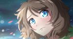  bangs blue_eyes blurry brown_hair crying crying_with_eyes_open eyebrows_visible_through_hair frown highres light_brown_hair lips looking_at_viewer love_live! love_live!_sunshine!! night night_sky pugpuggy sad short_hair sky swept_bangs tears watanabe_you wind wind_lift 