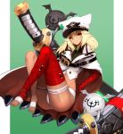  1girl bandaged_arm bandages bangs belt black_belt breasts buttons cape dark_skin guilty_gear guilty_gear_strive hair_between_eyes hat highres long_hair looking_at_viewer medium_breasts navelblonde_hair notte ramlethal_valentine shirt short_shorts shorts sleeveless sleeveless_shirt solo thigh_strap white_cape white_headwear white_shirt white_shorts yellow_eyes 