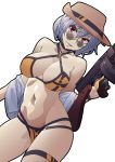  1girl alternate_costume bikini bikini_bottom bikini_top breasts cross cross_necklace fedora girls_frontline gun hat jewelry large_breasts lol_(harikofu) navel necklace purple_hair red_eyes smile solo submachine_gun sunglasses swimsuit thompson_(girls_frontline) thompson_submachine_gun weapon 