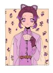  1girl bangs bead_necklace beads belt black_gloves cup dddddestroy earrings flower gloves jewelry kimetsu_no_yaiba kochou_shinobu long_sleeves looking_at_viewer necklace parted_bangs purple_flower short_hair smile solo teacup upper_body violet_eyes 