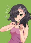  1girl asymmetrical_bangs bangs black_hair black_nails blush breasts commentary_request dress eyelashes fang green_background green_eyes hands_up highres looking_at_viewer mary_(pokemon) medium_hair open_mouth pink_dress pokemon pokemon_(game) pokemon_swsh solo tongue umiru 