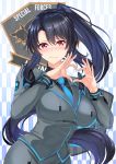  1girl absurdres black_hair breasts embarrassed english_commentary finger_heart highres huge_filesize insignia long_hair medium_breasts military military_uniform muvluv muvluv_alternative nez-box original red_eyes solo tied_hair uniform 