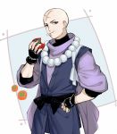  1boy bald beads belt blue_eyes changye cross_scar eating fate/grand_order fate_(series) fingerless_gloves gloves hand_on_hip holding hood houzouin_inshun_(fate/grand_order) japanese_clothes jewelry looking_at_viewer male_focus monk prayer_beads scar simple_background upper_body 