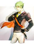  1boy achilles_(fate) adjusting_clothes adjusting_necktie alternate_costume bangs black_gloves changye fate/apocrypha fate/grand_order fate_(series) gloves green_hair hand_on_hip highres long_sleeves looking_at_viewer male_focus multicolored_hair necktie orange_scarf pants scarf shadow shiny shiny_hair simple_background smile solo upper_body yellow_eyes yellow_neckwear 