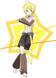  1boy absurdres bass_clef black_legwear black_shorts black_sleeves blonde_hair collar d_futagosaikyou detached_sleeves full_body green_eyes hand_up headphones high_collar highres kagamine_len kagamine_len_(append) leg_warmers looking_at_viewer male_focus navel open_mouth shirt shorts sleeveless sleeveless_shirt smile standing star_(symbol) vocaloid vocaloid_append white_footwear white_shirt 