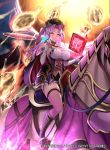  1girl book breasts cape company_name copyright_name fire_emblem fire_emblem_cipher flower gat grin holding holding_book holding_flower horse horseback_riding kousei_horiguchi long_hair official_art open_book poe_(fire_emblem) purple_hair riding smile solo thigh-highs violet_eyes volcano 
