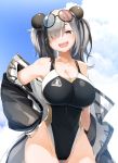  1girl arknights ass_visible_through_thighs black_coat black_swimsuit blue_sky breasts clouds coat collarbone commentary_request competition_swimsuit contrapposto covered_navel cowboy_shot eyewear_on_head feater_(arknights) hand_on_hip large_breasts looking_at_viewer meth_(emethmeth) one-piece_swimsuit open_clothes open_coat open_mouth panda round_eyewear round_teeth sky smile solo sunglasses swimsuit teeth twintails two-tone_coat upper_teeth wet wet_clothes 