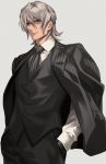  1boy alternate_costume antonio_salieri_(fate/grand_order) bangs closed_mouth fate/grand_order fate_(series) formal gloves grey_background grey_hair hair_between_eyes hand_in_pocket jacket jacket_on_shoulders looking_at_viewer male_focus necktie shiny shiny_hair shirt solo sora_yoshitake_yuda suit upper_body 