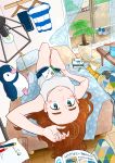  1girl aqua_eyes bed bird blush book brown_hair grey_tank_top highres holding holding_book indoors jupachi18 long_hair looking_at_viewer lying on_back original paper pencil penguin plant potted_plant shirt shorts solo striped striped_shirt table tank_top window 