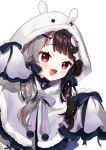  1girl :d animal_ears animal_hood bangs black_bow black_hair blush bow bunny_hood capelet eyebrows_visible_through_hair fake_animal_ears fur-trimmed_capelet fur-trimmed_hood fur_trim grey_capelet grey_hair hair_bow hair_ornament hairclip hands_up hood hood_up hooded_capelet long_sleeves looking_away multicolored_hair nijisanji open_mouth rabbit_ears red_eyes redhead ribbon-trimmed_bow ribbon_trim simple_background sleeves_past_fingers sleeves_past_wrists smile solo star_(symbol) star_hair_ornament streaked_hair two-tone_hair upper_body virtual_youtuber white_background yamabukiiro yorumi_rena 