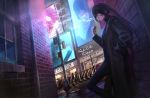  1girl absurdres black_hair burn_scar character_request cigarette commentary copyright_request dutch_angle hand_in_pocket hashimoto_kokai highres long_hair night outdoors scar smoke smoking trench_coat turtleneck virtual_youtuber 