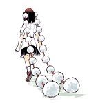  1girl black_hair black_skirt frilled_skirt frills from_behind hat highres peroponesosu. pom_pom_(clothes) red_footwear red_headwear shameimaru_aya shirt short_hair short_sleeves simple_background skirt socks solo tokin_hat touhou walking white_background white_frills white_legwear white_shirt white_sleeves 