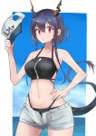  1girl arknights bangs baseball_cap bikini black_bikini blue_hair blue_sky breasts ch&#039;en_(arknights) clothes_writing clouds commentary cowboy_shot day dragon_horns dragon_tail folded_ponytail grey_shorts hair_between_eyes hand_on_hip hat horizon horns long_hair looking_at_viewer medium_breasts navel ocean open_clothes open_fly open_shorts outdoors red_eyes short_shorts shorts sky solo standing swimsuit swimsuit_under_clothes tail unzipped yuzuruka_(bougainvillea) 