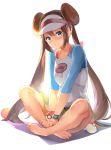  1girl absurdres arm_support bangs bare_legs barefoot blue_eyes blue_sleeves blush breasts brown_hair collarbone commentary_request crossed_legs double_bun embarrassed eyelashes feet hands_together highres indian_style leaning_forward legs long_hair maeshimashi mei_(pokemon) poke_ball pokemon pokemon_(game) pokemon_bw2 raglan_sleeves shadow shirt sidelocks simple_background sitting skirt small_breasts smile solo sweat sweatdrop toes twintails two-tone_shirt visor_cap watch watch white_background white_shirt yellow_skirt 