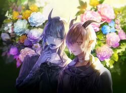  androgynous bandaid bandaid_on_face black_jacket blue_eyes eyepatch finger_in_mouth flower grey_eyes horns jacket mouth_hold ohayosayonara original pale_skin pointy_ears sharp_teeth short_hair smoking teeth upper_body 