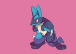 1boy animal_ears closed_mouth commentary fukafuka full_body furry gen_4_pokemon highres lucario male_focus no_humans paws pink_background pokemon pokemon_(creature) red_eyes simple_background solo spikes squatting tail wolf_ears wolf_tail 