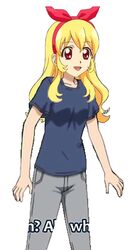  1girl aikatsu! aizawa_eiko aizawa_eiko_(cosplay) blonde_hair blue_shirt cosplay gray_pants hair_ornament hair_ribbon hairband hoshimiya_ichigo long_hair open_mouth pants raspberry_eiko red_eyes ribbon shinryaku!_ikamusume shinryaku!_ikamusume_(cosplay) shirt short_sleeves 