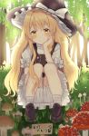  1girl ankle_socks arm_rest black_footwear black_vest blonde_hair bloomers blush braid check_translation day fly_agaric forest grass hand_on_own_chin hat hat_ribbon head_rest head_tilt kirisame_marisa loafers long_hair looking_at_viewer mushroom nature nibosi outdoors petticoat puffy_short_sleeves puffy_sleeves ribbon shirt shoes short_sleeves sign single_braid smile solo squatting touhou translation_request underwear very_long_hair vest white_legwear white_shirt witch_hat yellow_eyes 