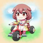  1girl :3 animal_ears bone_hair_ornament brown_eyes brown_hair cartoon_bone chibi dog_ears dog_girl dog_tail ground_vehicle highres hololive inugami_korone jacket keita_naruzawa low_twin_braids riding smile solo tail tricycle virtual_youtuber yellow_jacket 