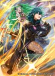  2girls black_gloves blue_eyes blue_hair braid byleth_(fire_emblem) byleth_eisner_(female) company_name copyright_name fire_emblem fire_emblem:_three_houses fire_emblem_cipher gloves green_eyes green_hair holding holding_sword holding_weapon long_hair long_sleeves mayo_(becky2006) multiple_girls official_art open_mouth pantyhose pointy_ears ribbon_braid sothis_(fire_emblem) sword sword_of_the_creator tiara twin_braids weapon 