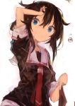  1girl absurdres bangs blue_eyes brown_hair closed_mouth hair_between_eyes hair_flaps hand_in_hair highres kaamin_(mariarose753) kantai_collection messy_hair necktie red_neckwear remodel_(kantai_collection) sailor_collar school_uniform serafuku shigure_(kantai_collection) short_sleeves simple_background solo upper_body water_drop wet white_background 