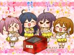  &gt;_&lt; 4girls ahoge akebono_(kantai_collection) alternate_costume apron bandaid bandaid_on_face bangs blue_hair blush brown_hair cake chibi closed_eyes crab crab_on_head dress floral_background food hair_bobbles hair_ornament holding kantai_collection kneehighs long_hair long_sleeves multiple_girls oboro_(kantai_collection) open_mouth pink_hair plate purple_hair sazanami_(kantai_collection) short_hair short_sleeves shorts skirt smoke sweat thigh-highs translation_request ushio_(kantai_collection) waist_apron white_apron white_legwear yellow_dress yellow_shorts yellow_skirt yumaru_(marumarumaru) 