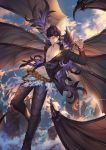  1boy abs adjusting_belt bangs bat_wings belial_(the_seven_deadly_sins) belt black_hair chest cliff clouds cloudy_sky darkavey feathers flying granblue_fantasy hand_up highres jacket long_sleeves looking_at_viewer male_focus navel open_clothes open_mouth pants pectorals red_eyes revealing_clothes shiny shiny_hair sky smile solo sunlight toned toned_male wings 