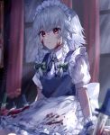  1girl apron black_neckwear blood blood_on_face bloody_clothes blue_vest blurry blurry_background blurry_foreground braid curtains ear_piercing expressionless eyebrows_visible_through_hair hair_between_eyes hair_ribbon highres indoors izayoi_sakuya knife light_particles looking_at_viewer maid_headdress mozuno_(mozya_7) neck_ribbon night on_floor piercing puffy_short_sleeves puffy_sleeves red_eyes ribbon shirt short_hair short_sleeves silver_hair sitting solo touhou tress_ribbon twin_braids vest waist_apron white_shirt window wrist_cuffs 