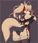  1girl ahoge animal_ears animal_nose ass back bare_shoulders beige_fur black_panties blue_eyes blush breasts brown_background brown_fur claws commentary fox fox_ears fox_girl fox_tail furry hair_between_eyes long_hair looking_at_viewer medium_breasts original panties simple_background slit_pupils snout solo tail two-tone_fur underwear wkar 