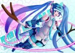  absurdres blue_eyes blue_hair blue_neckwear character_name cosplay fei-yen fei-yen_(cosplay) food hatsune_miku highres holding holding_food joints looking_at_viewer mecha_musume necktie nikochiku robot_joints spring_onion thigh-highs twintails virtual_on vocaloid zettai_ryouiki 