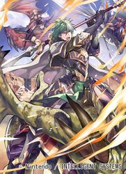  1boy 1girl armor armored_boots blonde_hair boots dragon dragon_wings faceless faceless_male fire_emblem fire_emblem:_the_binding_blade fire_emblem_cipher gloves green_hair heath_(fire_emblem) helmet horns multicolored_hair nagahama_megumi official_art open_mouth polearm short_hair sky spear two-tone_hair vaida_(fire_emblem) weapon white_hair wings 