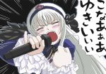  1girl clenched_hand closed_eyes emphasis_lines gothic_lolita hairband lolita_fashion lolita_hairband long_hair microphone music route_36 rozen_maiden silver_hair singing solo speech_bubble suigintou tears 