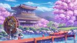  absurdres architecture blue_sky bridge building bush cherry_blossoms clouds day east_asian_architecture highres kuroneko_(hmilk) mountainous_horizon no_humans original outdoors path petals pond rock scenery sky tree water watermill 