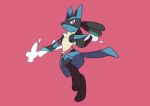  1boy animal_ears closed_mouth commentary energy energy_weapon fukafuka full_body furry gen_4_pokemon highres holding jumping leg_up looking_at_viewer lucario male_focus no_humans paws pink_background pokemon pokemon_(creature) red_eyes simple_background solo spikes tail wolf_ears wolf_tail 