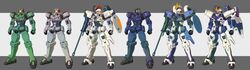  clenched_hands green_eyes grey_background gundam gundam_wing highres kuramochi_kyouryuu leo_(mobile_suit) looking_ahead mecha no_humans robot shield standing tallgeese tallgeese_ii tallgeese_iii thrusters visor 