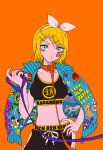  1girl alternate_costume aqua_eyes blonde_hair blue_eyes character_name cowboy_shot dddddestroy hair_ornament hairclip hand_on_hip highres holding_leash jacket_on_shoulders kagamine_rin leash looking_at_viewer midriff navel orange_background short_hair simple_background solo sports_bra vocaloid yellow_nails 