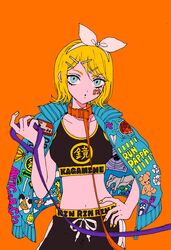  1girl alternate_costume aqua_eyes blonde_hair blue_eyes character_name cowboy_shot dddddestroy hair_ornament hairclip hand_on_hip highres holding_leash jacket_on_shoulders kagamine_rin leash looking_at_viewer midriff navel orange_background short_hair simple_background solo sports_bra vocaloid yellow_nails 