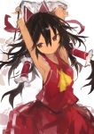  1girl absurdres armpits arms_up ascot bangs black_hair bow brown_eyes closed_mouth detached_sleeves frilled_bow frills gohei hair_between_eyes hair_bow hair_tubes hakurei_reimu highres holding kaamin_(mariarose753) long_hair red_bow red_skirt ribbon-trimmed_sleeves ribbon_trim simple_background skirt skirt_set solo touhou white_background yellow_neckwear 