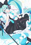  1girl aqua_eyes aqua_hair argyle argyle_legwear bare_shoulders black_bow black_dress boots bow cable commentary dress dutch_angle feet_out_of_frame gloves hair_bow hatsune_miku headphones highres holding holding_microphone hoop_skirt knee_boots long_hair magical_mirai_(vocaloid) makuhari-chan microphone microphone_stand necktie oluha open_mouth short_necktie sideways_glance sleeveless sleeveless_dress solo sparkle thigh-highs twintails very_long_hair vocaloid white_background white_gloves white_legwear 