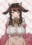  1girl absurdres animal_ears apron bangs bell black_hair blush breasts brown_eyes button_gap dress goat_ears goat_girl goat_horns highres horns huge_filesize juliet_sleeves large_breasts long_hair long_sleeves maid_apron original plaid plaid_background puffy_sleeves solo striped striped_neckwear upper_body zinbei 