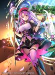  1girl bowl breasts company_name copyright_name desert dress fire_emblem fire_emblem_cipher hat holding holding_bowl holding_staff horse kousei_horiguchi long_hair official_art outdoors parted_lips petals poe_(fire_emblem) purple_hair sky solo staff thigh-highs violet_eyes 