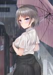  1girl ass bangs black_skirt breasts brown_hair closed_mouth collared_shirt dress_shirt expressionless eyebrows_visible_through_hair fence highres holding holding_umbrella large_breasts looking_at_viewer naitou_kirara original rain see-through shirt sideboob sidelocks sidewalk skirt standing umbrella violet_eyes wet wet_clothes white_shirt 