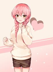  1girl absurdres bangs braid breasts heart highres idolmaster idolmaster_cinderella_girls jougasaki_mika long_sleeves looking_at_viewer open_mouth pink_hair shorts sikuna39 simple_background sweater yellow_eyes 