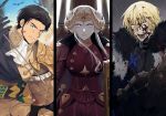  1girl 2boys armor arrow_(projectile) blonde_hair blood blood_on_face bloody_weapon blue_sky brown_hair cape claude_von_riegan closed_mouth dark_skin dark_skinned_male dimitri_alexandre_blaiddyd dragon edelgard_von_hresvelg fire_emblem fire_emblem:_three_houses fur_trim green_eyes grin gunjo_fe headpiece highres holding holding_arrow horns multiple_boys open_mouth polearm rain shield short_hair sky smile stairs violet_eyes weapon white_hair wyvern 