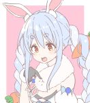 1girl :3 :d animal_ears black_gloves blue_hair blush blush_stickers border bunny_girl carrot_hair_ornament commentary_request detached_sleeves don-chan_(hololive) eyebrows_visible_through_hair food_themed_hair_ornament fur-lined_gloves gloves hair_ornament hololive hololive_fantasy houshou_marine_(artist) long_hair looking_at_another looking_down multicolored_hair open_mouth orange_eyes outside_border pink_background poking puffy_detached_sleeves puffy_sleeves rabbit_ears short_eyebrows sidelocks simple_background smile symbol_in_eye thick_eyebrows two-tone_hair upper_body upper_teeth usada_pekora virtual_youtuber white_hair |_| 