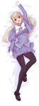  1girl bangs bed_sheet capcom_fighting_jam coat commentary_request dakimakura fire frilled_skirt frills gloves hairpods hime_cut ingrid kirishima_satoshi light_brown_hair long_hair long_sleeves lying mary_janes on_back open_mouth pantyhose petticoat purple_coat purple_legwear purple_skirt ribbon shoes skirt solo violet_eyes white_gloves white_ribbon 