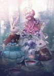  1girl absurdres blurry blurry_background bow clock cracked cup dress gen_8_pokemon highres holding holding_cup hourglass huge_filesize indoors lens_flare moe_(hamhamham) personification pink_bow pink_dress pink_headwear pokemon polteageist purple_hair rabbit tea teacup teapot yellow_eyes 