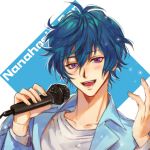  1boy :d argonavis_from_bang_dream! bang_dream! blue_hair blue_jacket blush character_name collared_jacket haen_(wlyea) holding holding_microphone jacket male_focus microphone nanahoshi_ren open_mouth smile upper_body violet_eyes 