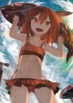  1girl absurdres arms_up balloon bangs bikini bikini_skirt brown_eyes brown_hair clouds from_below hair_ornament hairclip highres holding ikazuchi_(kantai_collection) kaamin_(mariarose753) kantai_collection open_mouth orange_bikini short_hair sky solo swimsuit 